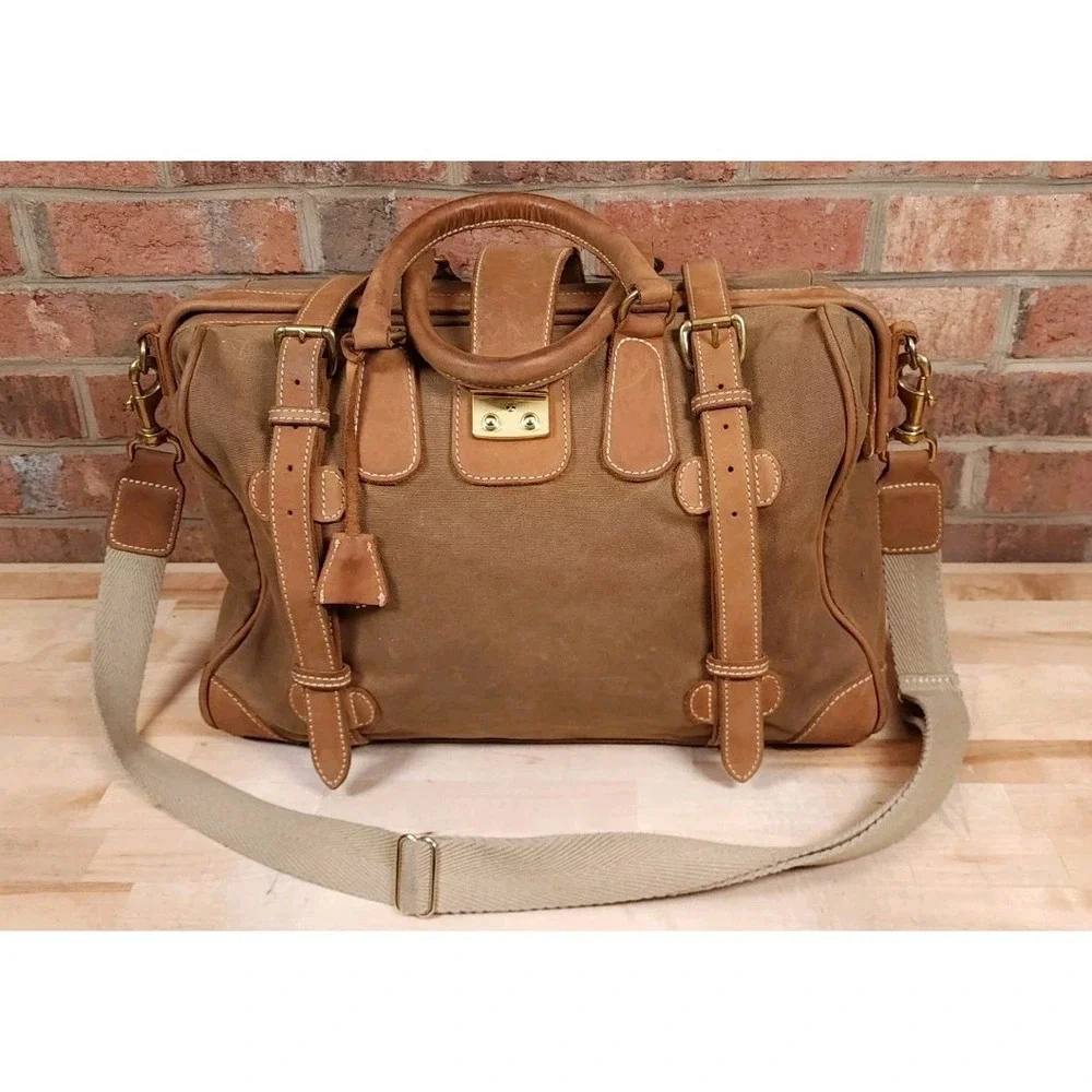 J Peterman Company Leather & Canvas Gladstone Brown Safari Travel Duffle Bag